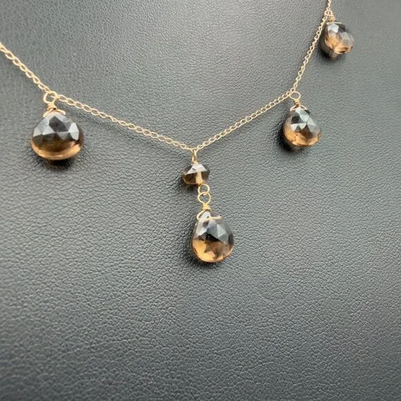 14K Yellow Gold Faceted Smoky Quartz Necklace Pear Shaped Drops Dangle - Picture 2 of 10